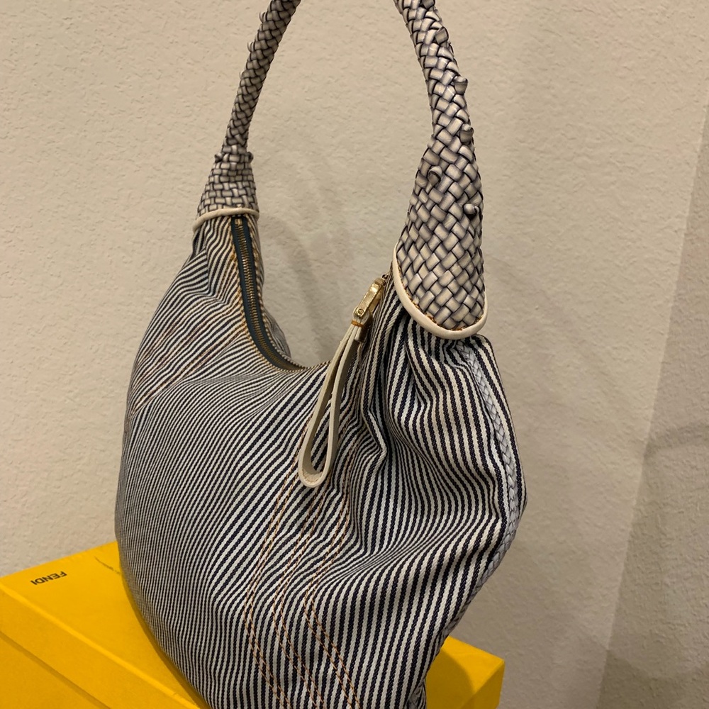 Fendi Pin stripe Blue Canvas Hobo Bag